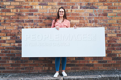 Buy stock photo Advertising, portrait and poster mockup of woman outdoor on city street with brick wall background. Business, smile or space on banner for marketing with happy employee on sidewalk for recruitment