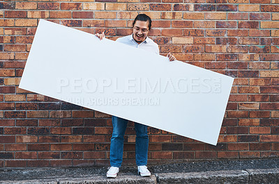 Buy stock photo Advertising, poster mockup and sign of man outdoor on city street with brick wall background. Business, smile or space on empty banner for marketing with happy employee on sidewalk for recruitment