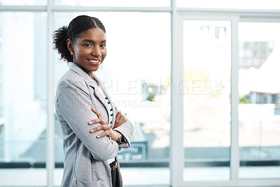 Buy stock photo Laptop, stretching and black woman in office with smile, satisfaction and achievement for financial project. Relax, success and happy consultant at desk with deal, growth or development at agency