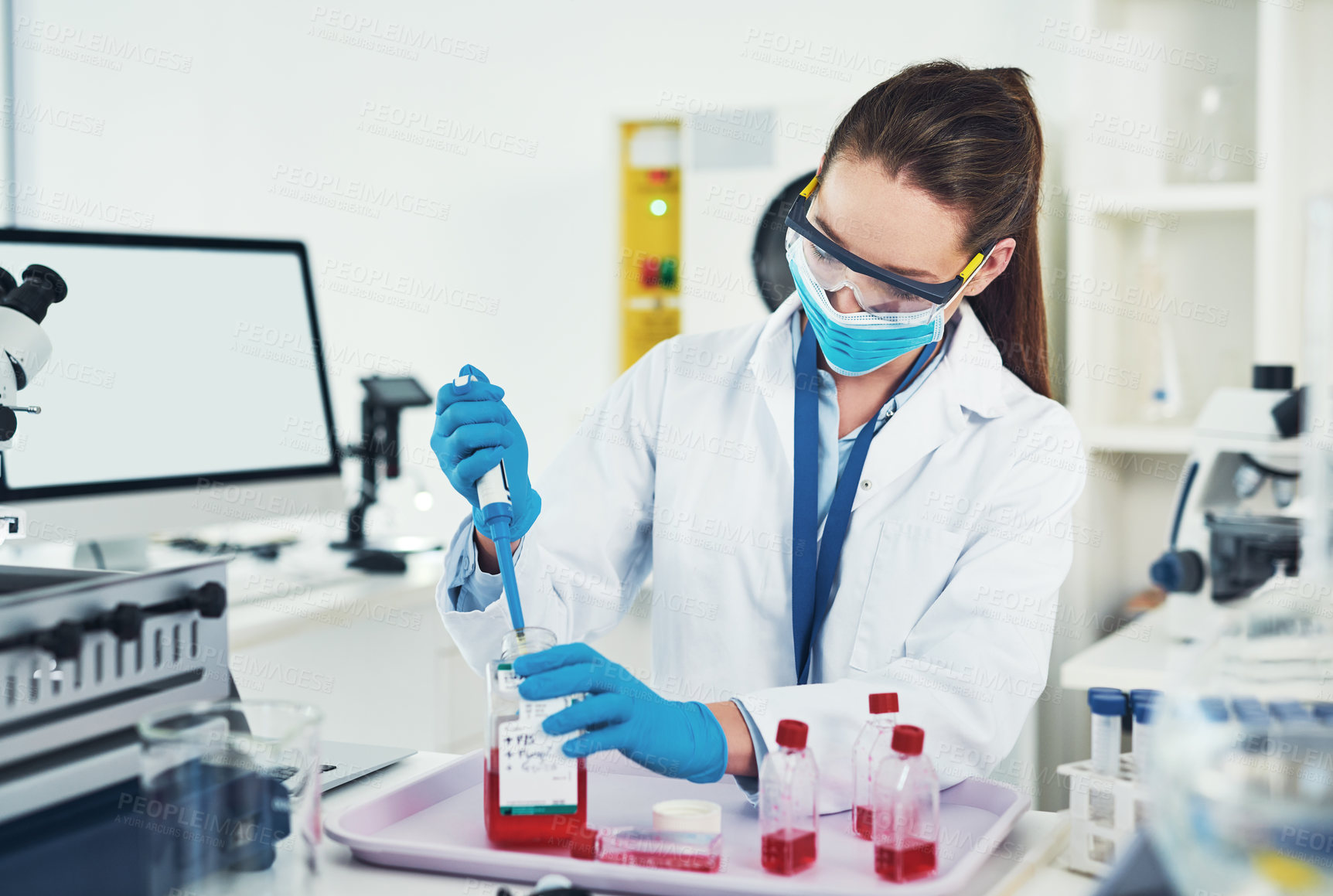 Buy stock photo Blood sample, woman and laboratory with chemical test, research and investigation for monkeypox vaccine. Pharmaceutical, medical and virus DNA analysis for cure with forensic vial for disease study