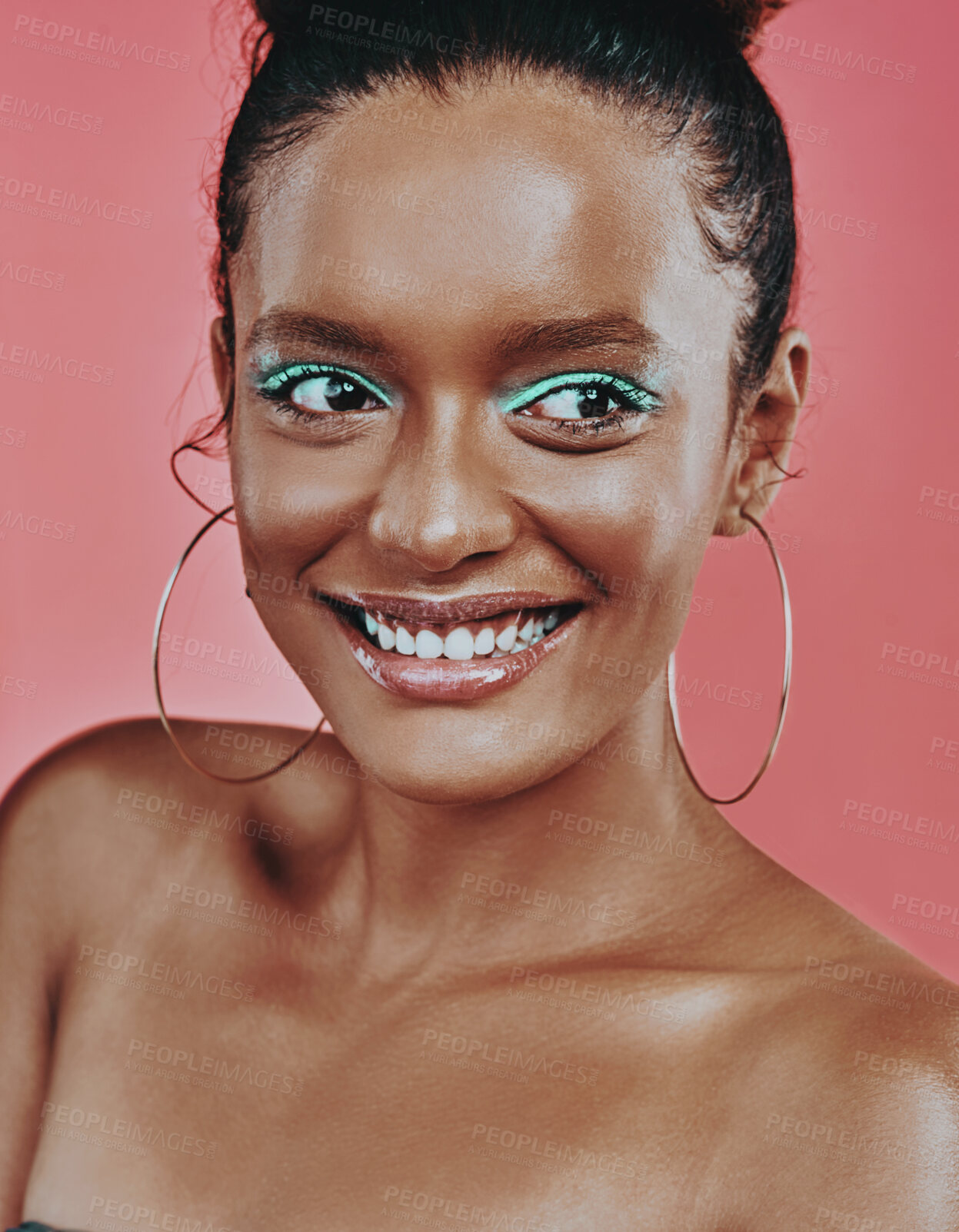 Buy stock photo African woman, thinking or studio with colorful eyeshadow, for wellness plan with cosmetics. Paint, makeup or reflection on pink background for goal aesthetics or contemplation, beauty or facial glow