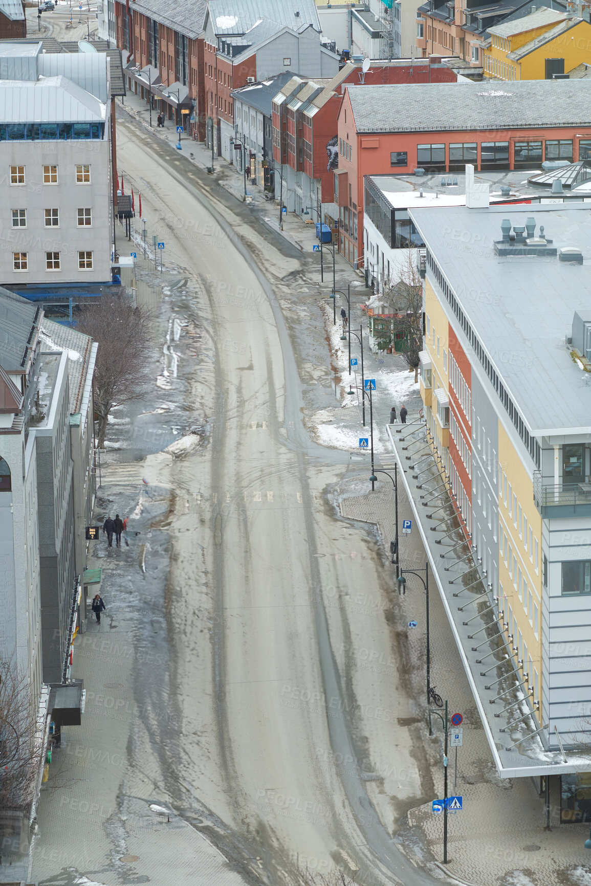 Buy stock photo Aerial view of the town of Bodo and surroundings during the day. The streets of a busy small downtown area from above. An urban city for recreational activities and tourism in the winter