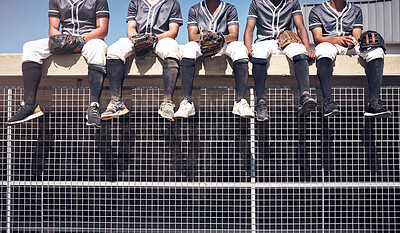 Buy stock photo Baseball team, legs and relax for watch on dugout, athlete and practice for match on field. Wait, rest and together in uniform for male people for softball, stadium and sport in summer for workout