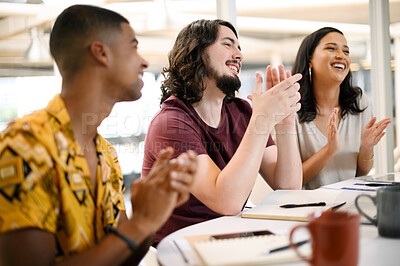 Buy stock photo Happy, business people and applause with team in meeting for winning, promotion or congratulations at office. Group of excited employees clapping with smile for presentation or thank you at workplace