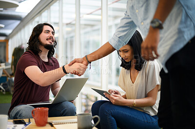 Buy stock photo Business people, laptop and meeting with handshake in agreement, deal or b2b together at office lounge. Businessman shaking hands with employee or colleague for thank you or parthnership at workplace