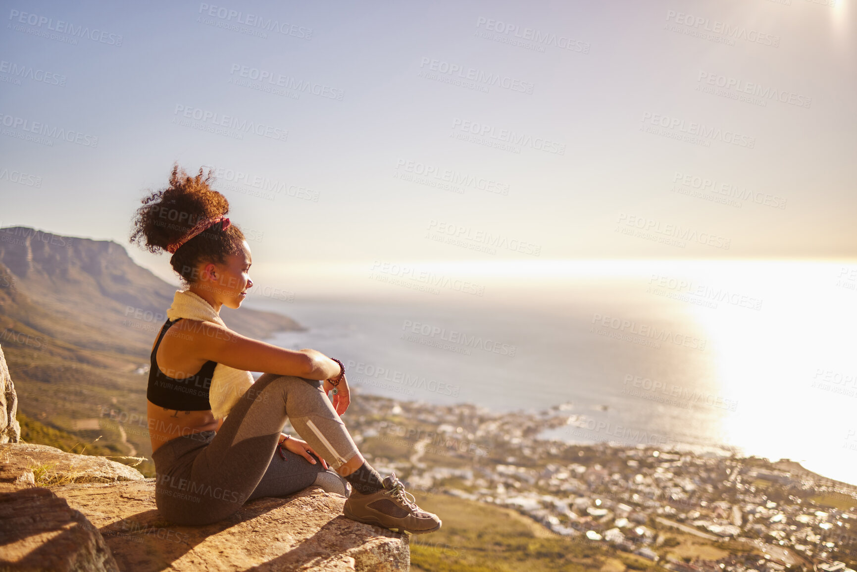 Buy stock photo Relax, peace and black woman on mountain for workout, training or exercise for wellness, sport or health. Yoga, zen or gen z girl by nature, environment or outdoor with for fitness, vision or freedom