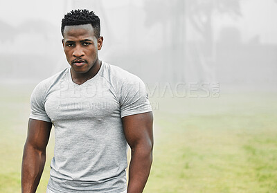 Buy stock photo Serious, fitness and portrait with black man in park for exercise, bodybuilding and cardio. Health, weight loss and workout with face of runner training in nature for sports, performance and wellness