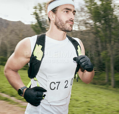 Buy stock photo Running, marathon and man in nature for training, exercise and race for international competition. Sports, runner and person in forest for challenge, cardio workout and practice for cross country