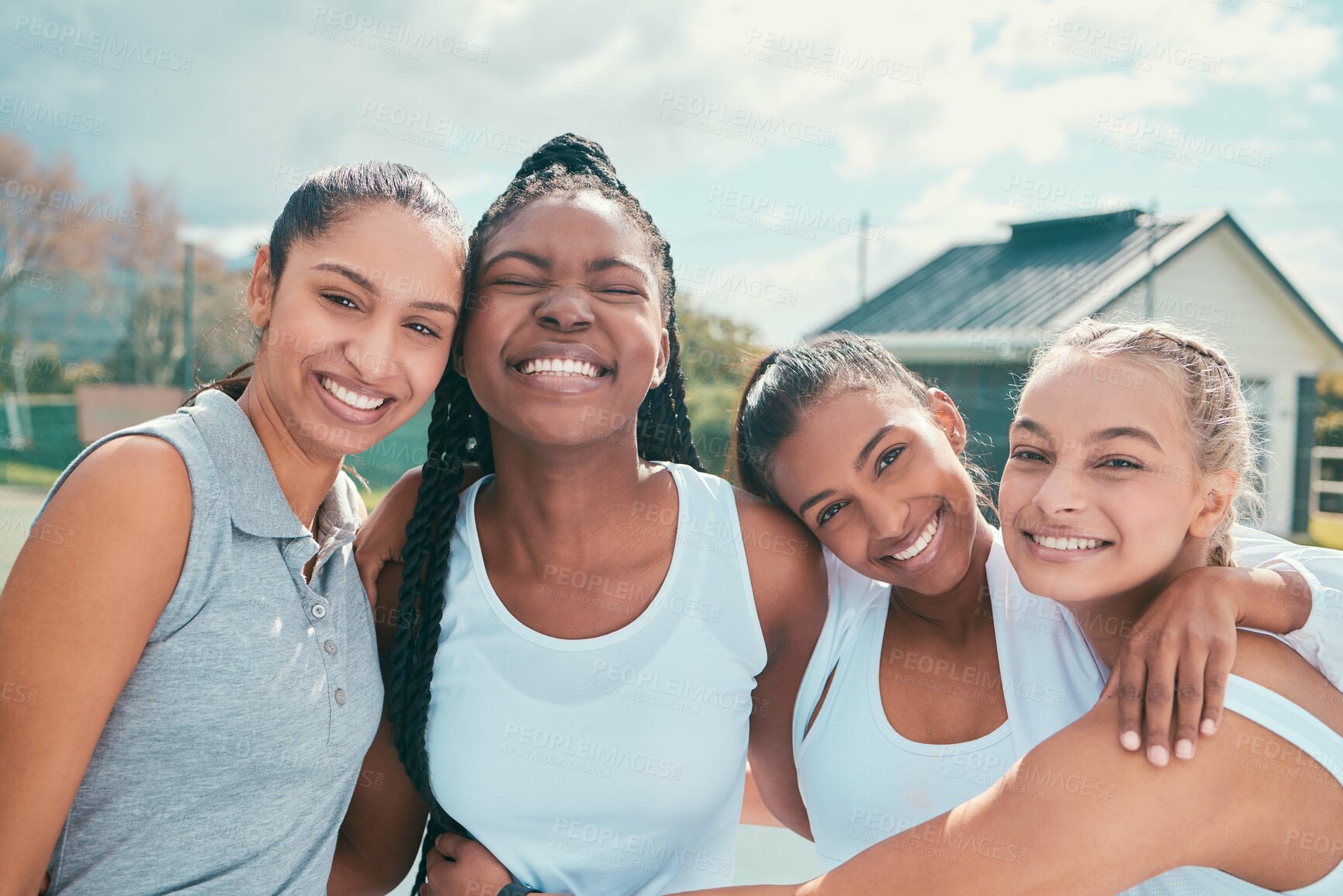 Buy stock photo Tennis court, friends and portrait of women hug for teamwork, support and training for tournament. International sports, fitness and people outdoors for exercise, practice and workout for competition
