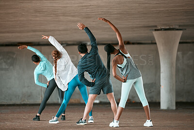 Buy stock photo Team, yoga and people stretching as a wellness club for sports, health and fitness body in an urban class together. Sport, commitment and friends training or group doing pilates  exercise or workout