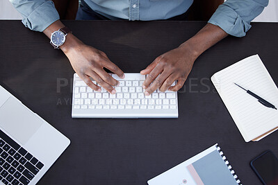 Buy stock photo Typing, keyboard and business person hands above for web article, copywriting and planning newsletter at desk. Working, research and journalist, editor or man on computer for editing digital report