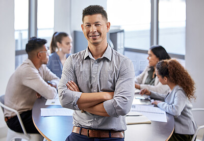 Buy stock photo Portrait, businessman and arms crossed for meeting in office with brainstorming, project feedback and planning strategy. Smile, pride and male manager for workplace discussion and team collaboration