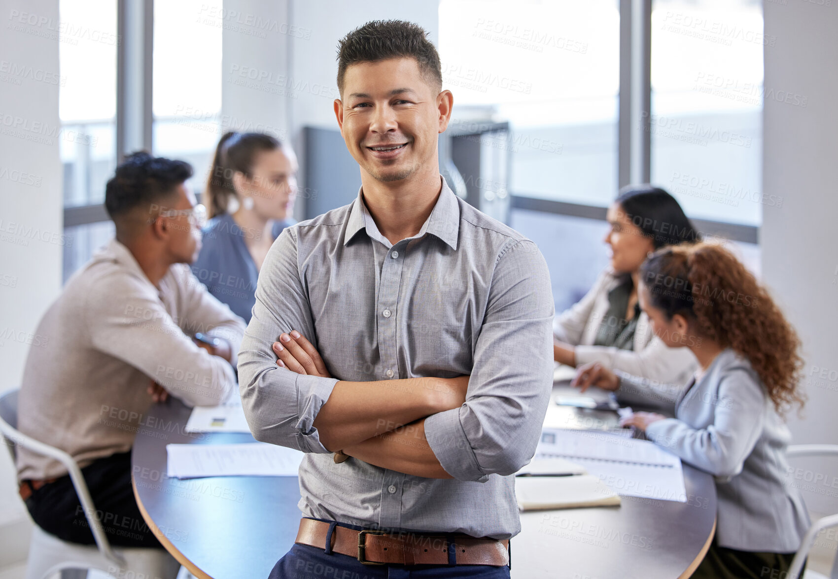 Buy stock photo Portrait, businessman and arms crossed for meeting in office with brainstorming, project feedback and planning strategy. Smile, pride and male manager for workplace discussion and team collaboration