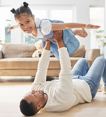 Buy stock photo Father, boy and floor with airplane game for childhood fun, weekend bonding and playful with love or care. Dad, son and holding or lifting child in air or house for flying, support and fantasy.