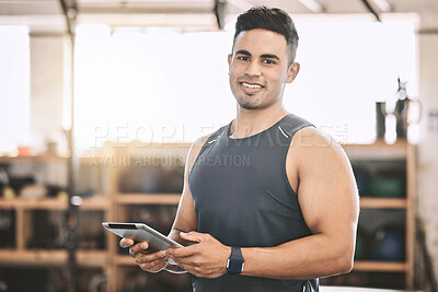 Buy stock photo Fitness, man or tablet in gym for portrait, exercise or contact with smile. Personal trainer, happy or tech in sports club for training schedule app, online tutorial or client information or sign up