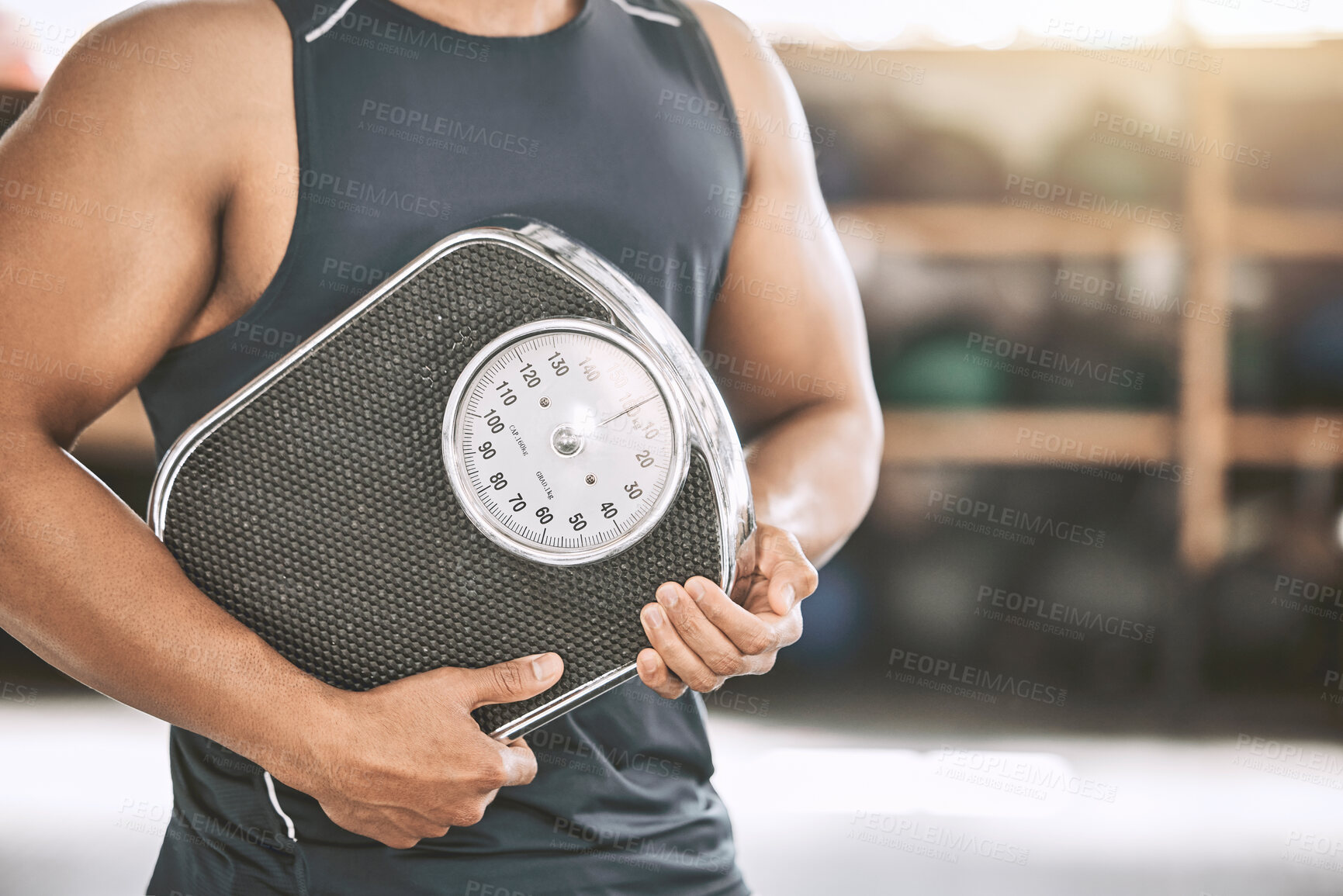 Buy stock photo Fitness, scale and hands of man in gym for lose weight, progress and BMI assessment. Personal trainer, measuring tool and achievement in sports club with exercise, growth and muscle development