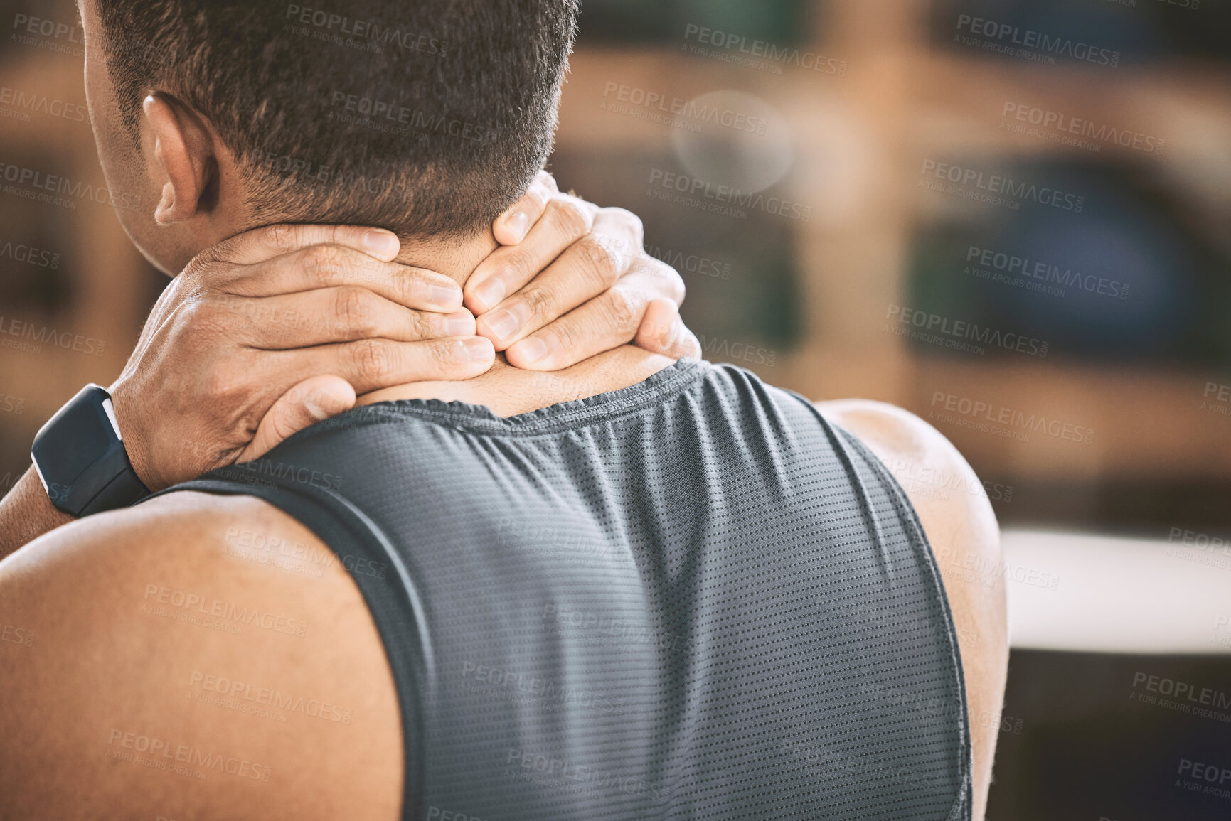 Buy stock photo Back, neck and person with pain in gym, fitness and accident for exercise of athlete, sore and bodybuilder. Health club, training and discomfort of man with injury, inflammation and strain of muscle