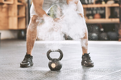 Buy stock photo Workout, kettlebell exercise and dust at gym for weight training, health and fitness at sports center. Bodybuilder, person and muscle strength for cardio, wellness and power lift or development goals