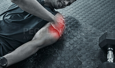 Buy stock photo Fitness, injury and shoulder pain with man on floor of gym for accident, fail or mistake in black and white. Anatomy, emergency and exercise with red highlight on joint of hurt overlay in grayscale