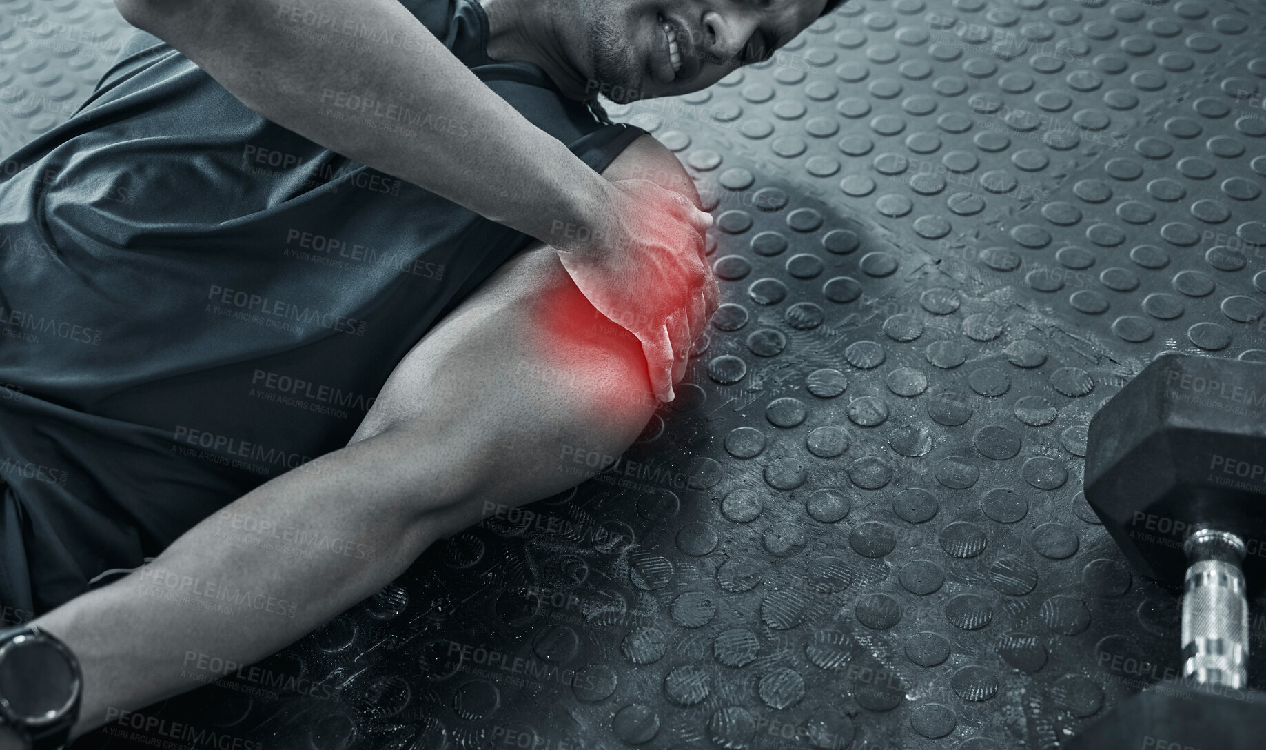 Buy stock photo Fitness, injury and shoulder pain with man on floor of gym for accident, fail or mistake in black and white. Anatomy, emergency and exercise with red highlight on joint of hurt overlay in grayscale