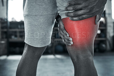 Buy stock photo Hands, athlete and thigh pain from fitness injury with overlay, exercise accident and hamstring risk of tendinitis. Person, legs and red glow for performance fail, muscle problem and sports emergency