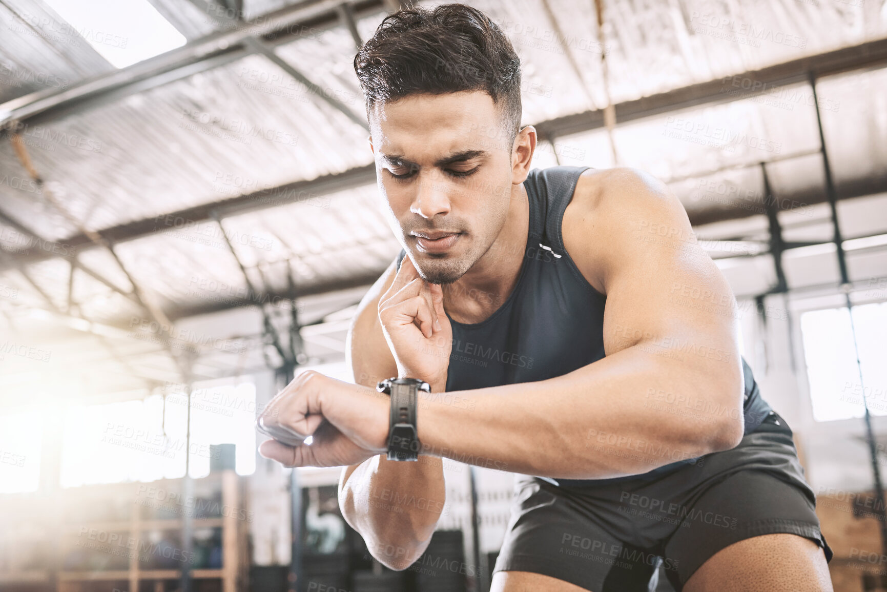 Buy stock photo Fitness, pulse and check with watch, man and workout for bodybuilder with timer, club and exercise. Wellness, person and tracking of heartbeat for training, progress and healthy with sports in gym