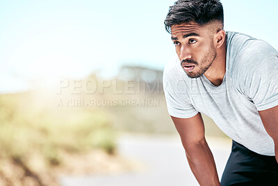 Buy stock photo Man, fitness and thinking on nature mockup with rest, break or catching breath for exercise. Male athlete, ambitious and exhausted on outdoor space for wellness, endurance or mindset or determination