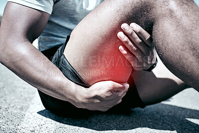 Buy stock photo Hamstring pain, hands and person with injury on road after training accident and exercise risk closeup. Legs, fitness and runner with muscle inflammation, massage and problem with red glow outdoor