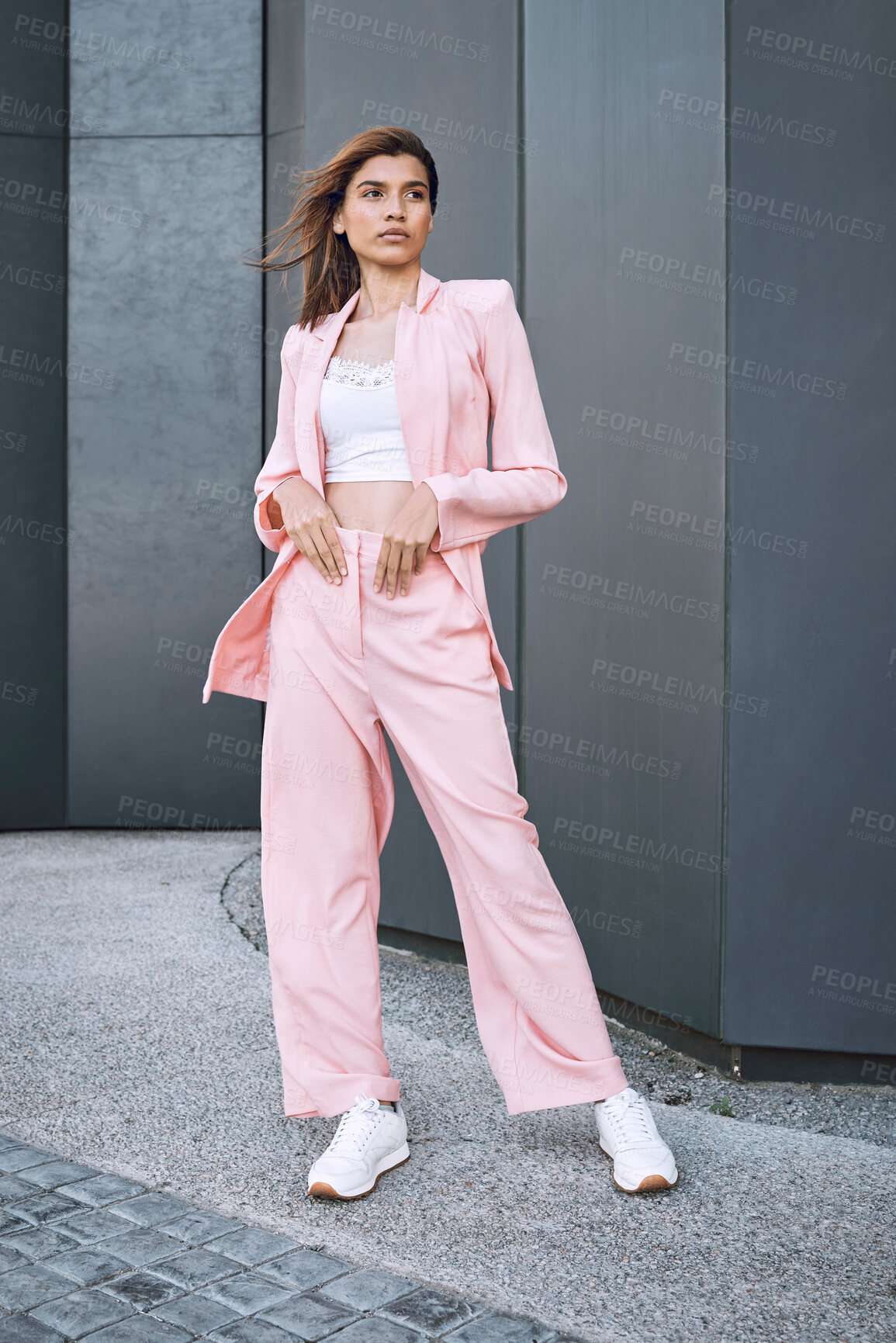 Buy stock photo Woman, fashion and city with confidence and gen z influencer with style, trending and modern clothes outdoor. Urban, building and business casual outfit with young person from Brazil with classy suit