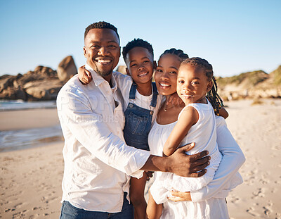 Buy stock photo Black family, portrait and smile with children at beach for weekend trip, adventure and holiday. Happy, mother and father with kids by ocean for summer vacation, love and outdoor travel in Mauritius