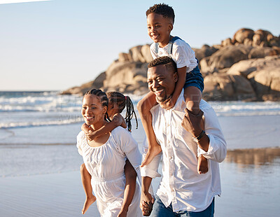 Buy stock photo Shoulder carry, adventure and black family at beach for fun on tropical vacation, travel or getaway. Happy, walk and African children with parents play and bonding by ocean on holiday or weekend trip