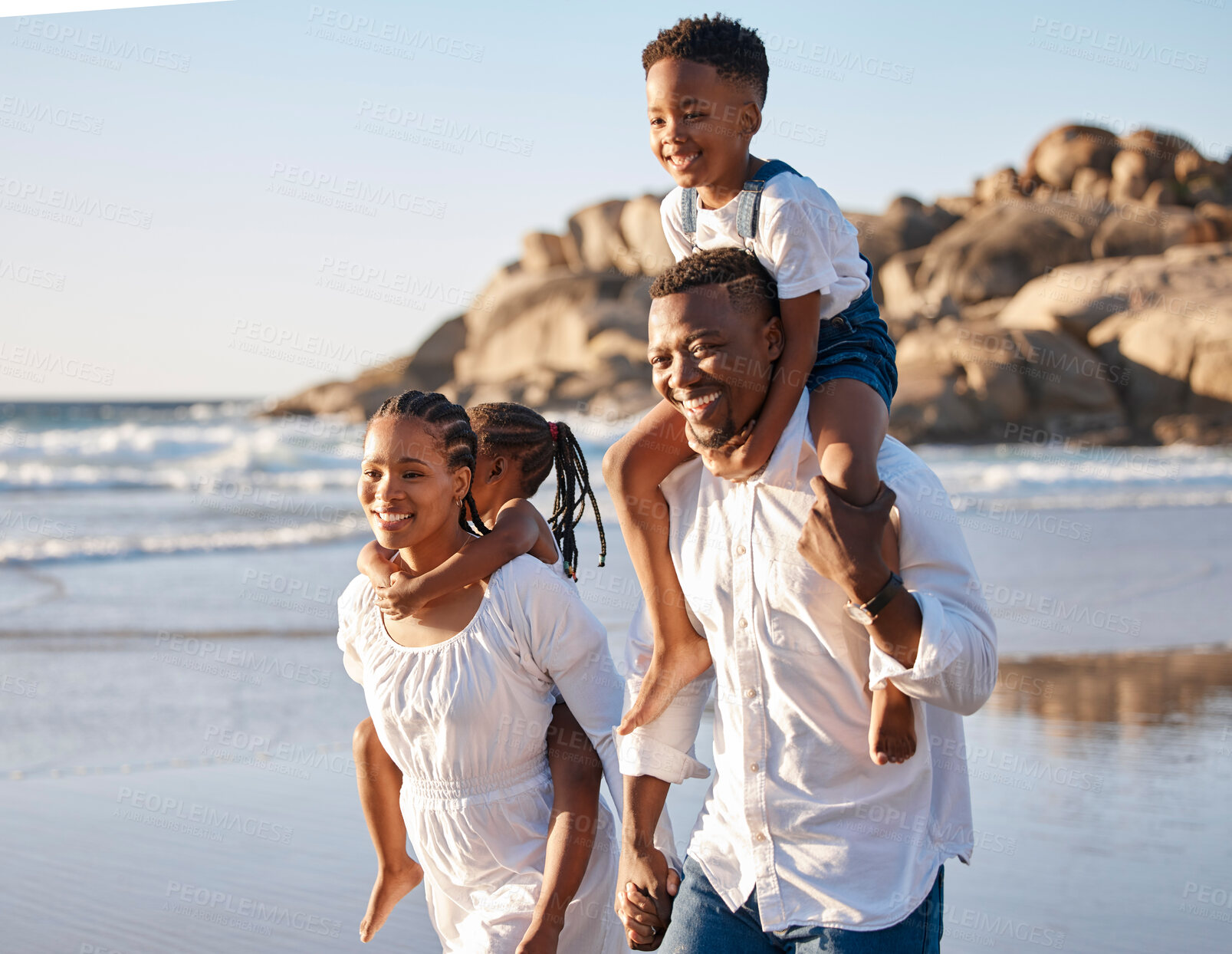 Buy stock photo Shoulder carry, adventure and black family at beach for fun on tropical vacation, travel or getaway. Happy, walk and African children with parents play and bonding by ocean on holiday or weekend trip