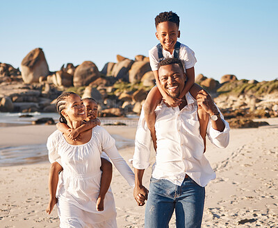 Buy stock photo Piggyback, portrait and black family at beach for fun on tropical vacation, travel or getaway. Happy, shoulder carry and African children with parents by ocean on holiday, adventure or weekend trip.