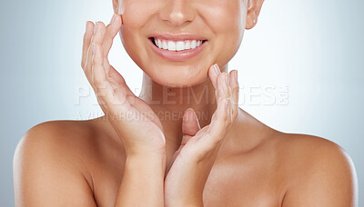 Buy stock photo Touch, skincare and beauty of happy woman with glow, cosmetics or clean teeth in studio on white background. Face, lips and hands of model with makeup for dermatology results or aesthetic treatment