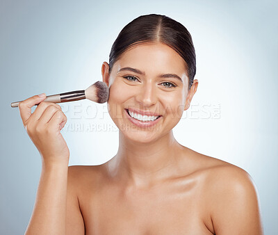 Buy stock photo Makeup artist, apply or happy woman in portrait with brush foundation routine product or tools for skin. Studio, girl or model with beauty equipment for face cosmetics treatment on white background