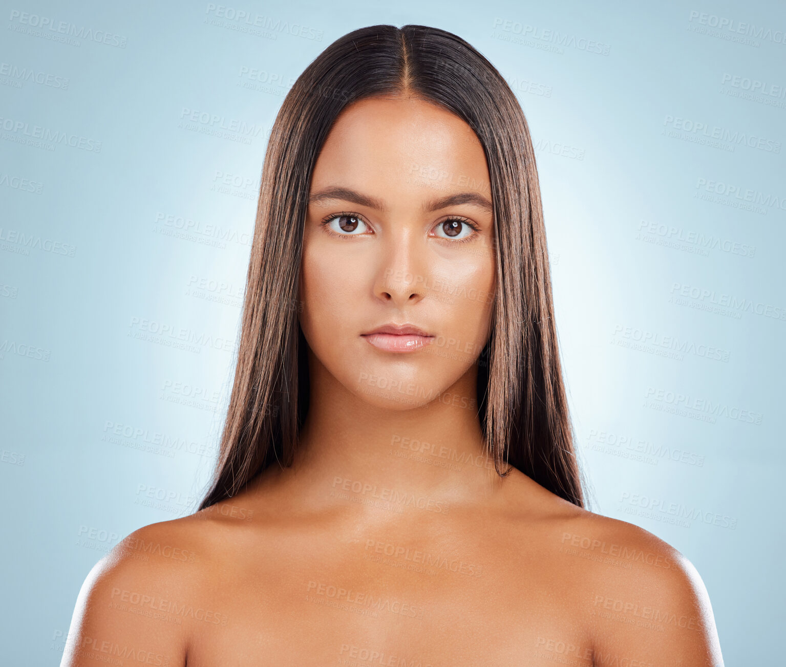 Buy stock photo Woman, straight and hair care in studio portrait, keratin treatment and smooth on blue background. Female person, growth and cosmetics shampoo or conditioner for healthy scalp, clean and brazilian