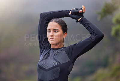 Buy stock photo Fitness, woman and stretching arms outdoor with getting ready for workout, exercise and morning run in nature. Serious athlete, runner and training with warm up for marathon, performance and wellness