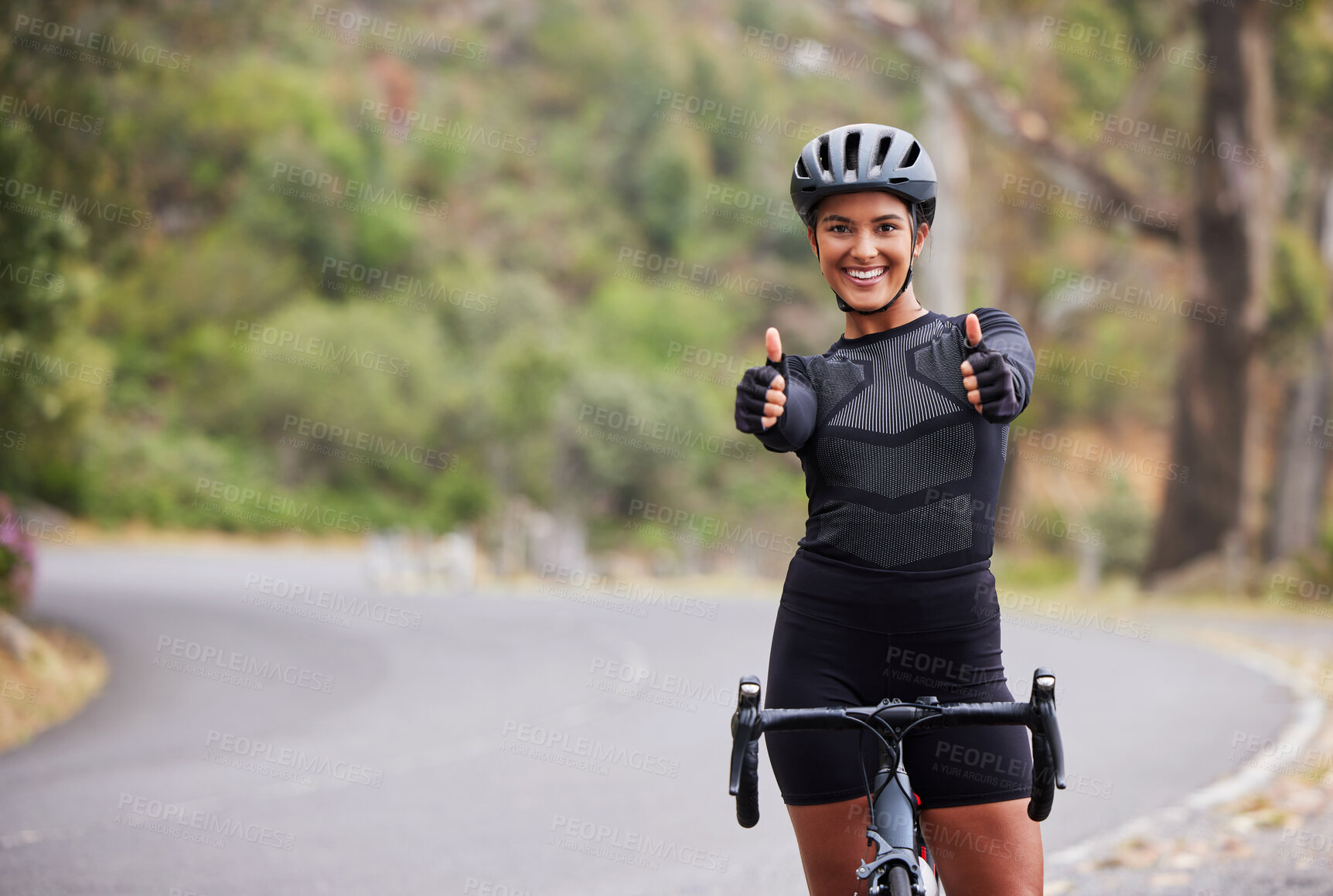 Buy stock photo Sport portrait, woman and bike with thumbs up in road for workout success, adventure and physical activity in nature. Cycling, girl or bicycle with yes for endurance, hobby or competition achievement