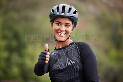 Buy stock photo Sports, thumbs up and portrait of woman with helmet in nature for training, workout and exercise. Fitness, cycling and happy person with emoji, gesture and sign for adventure, wellness and marathon