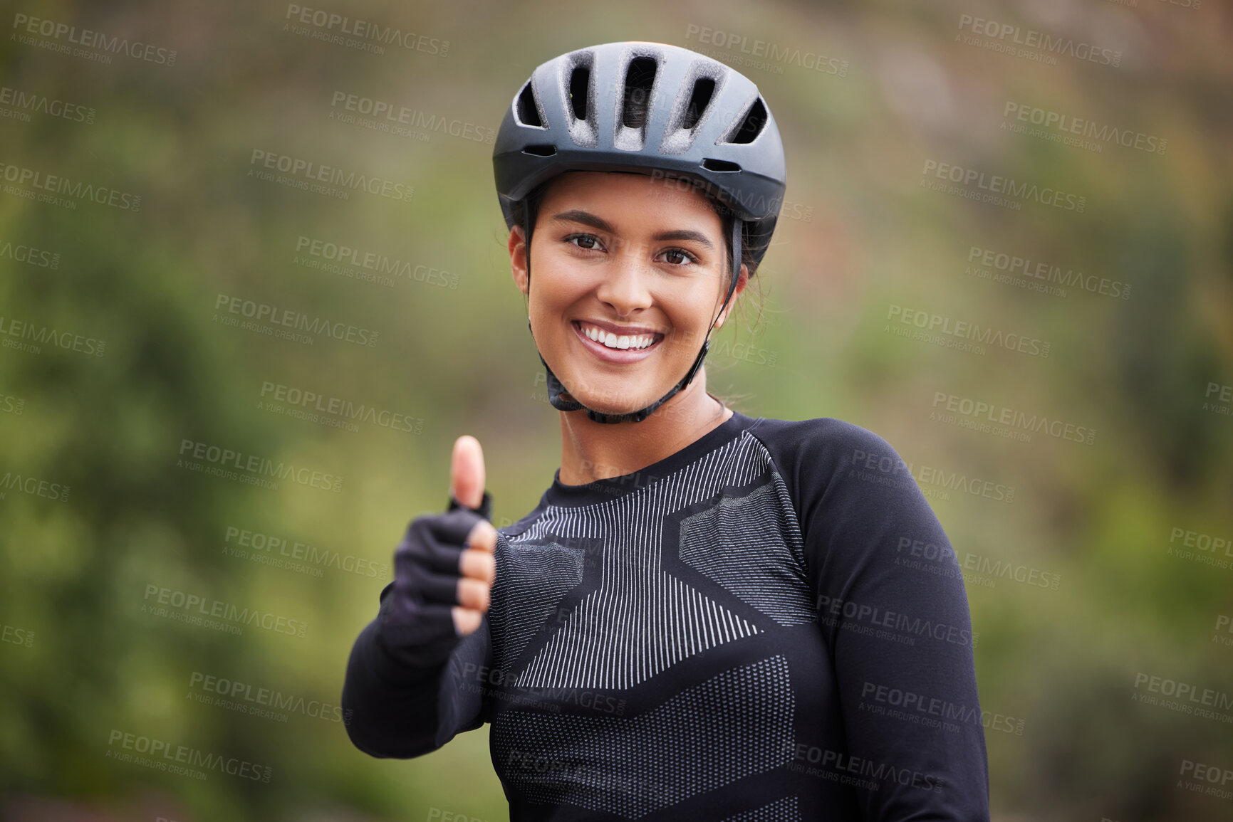 Buy stock photo Sports, thumbs up and portrait of woman with helmet in nature for training, workout and exercise. Fitness, cycling and happy person with emoji, gesture and sign for adventure, wellness and marathon