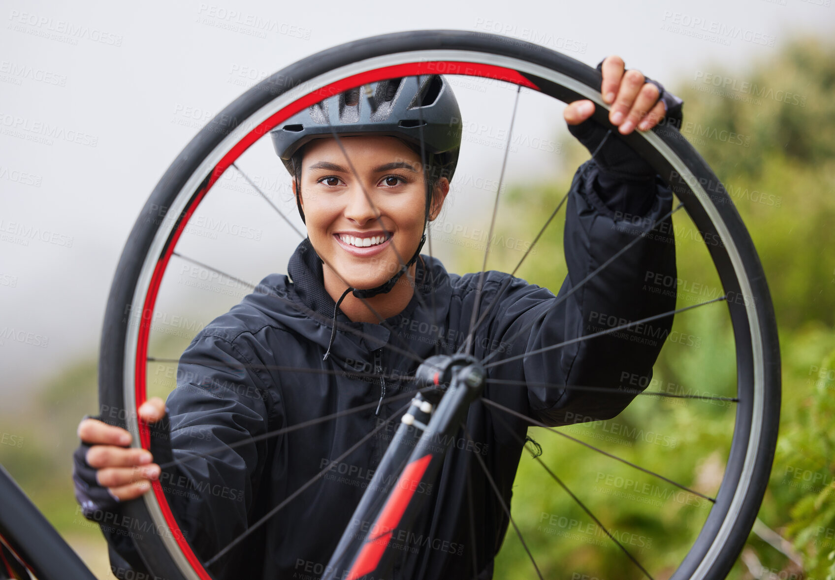 Buy stock photo Wheel, check and portrait of woman with bicycle for outdoor adventure, fitness and race maintenance inspection. Travel, cycling and sports athlete girl with tire change for mountain bike competition