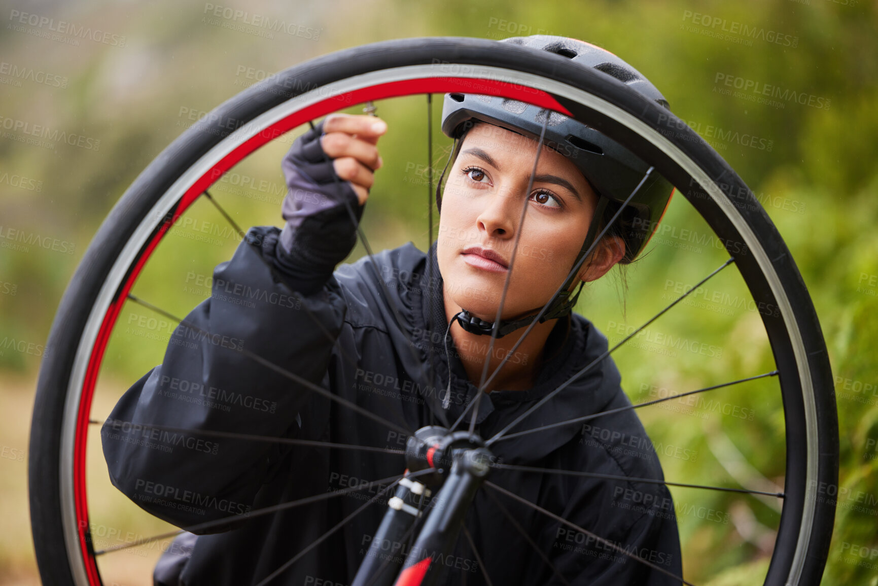 Buy stock photo Wheel, check and woman with bicycle for outdoor adventure, fitness and maintenance inspection for race. Travel, cycling and sports athlete girl with tire air change for mountain bike competition