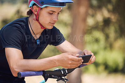 Buy stock photo Fitness, bicycle and man with phone online for training, adventure and exercise in nature. Sports, cycling and happy person on mountain bike with smartphone for navigation, website and health app