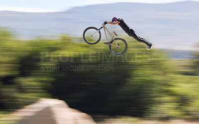 Buy stock photo Jump, cycling and person on trick bike with adventure, adrenaline and speed in stunt competition, Extreme sport, air and athlete on bicycle for challenge, talent or energy on action course in nature