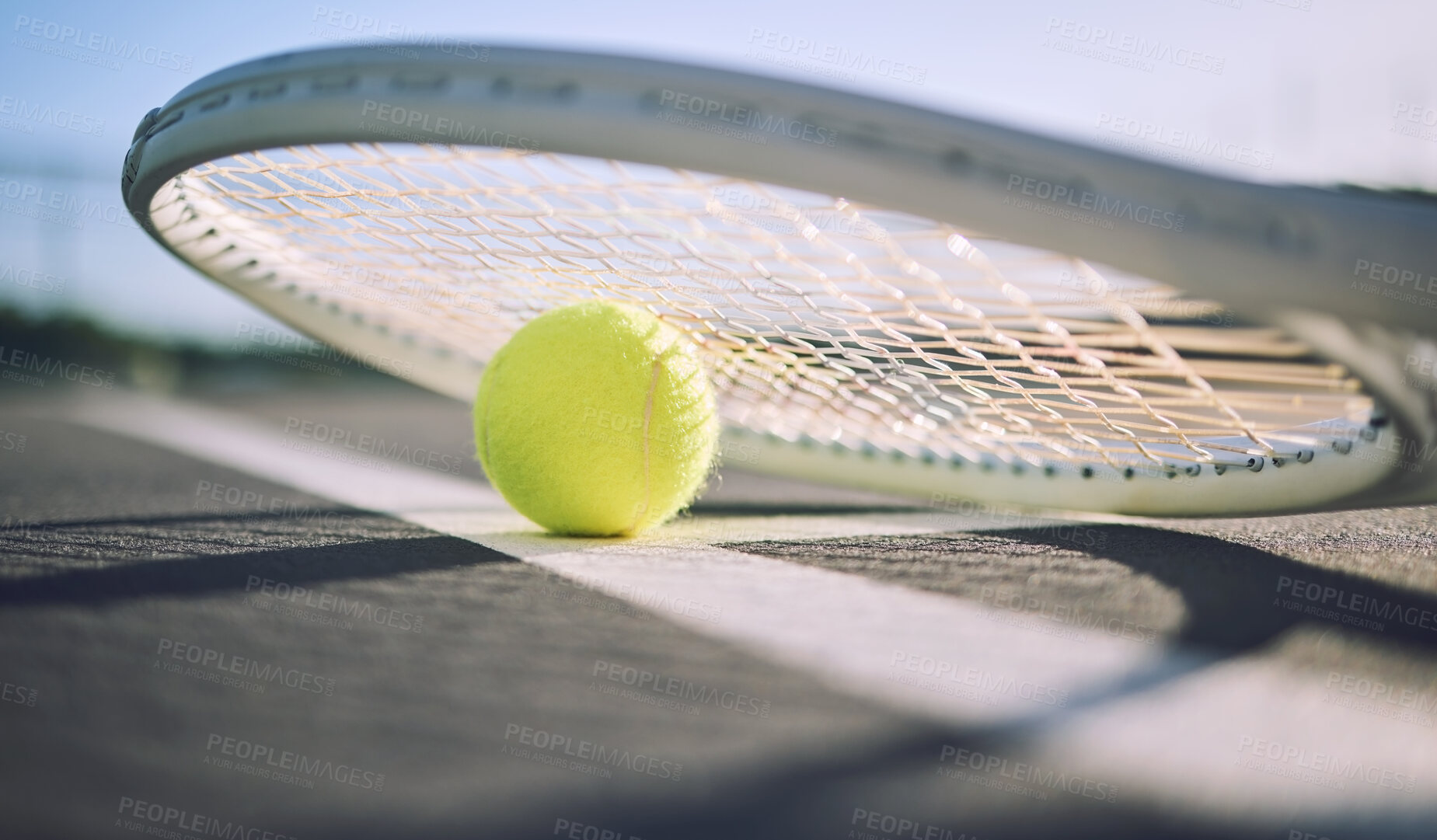 Buy stock photo Sports, tennis and ball with racket on court for tournament match, game and competition. Background, floor and closeup of equipment for fitness, exercise and training for practice, event or challenge