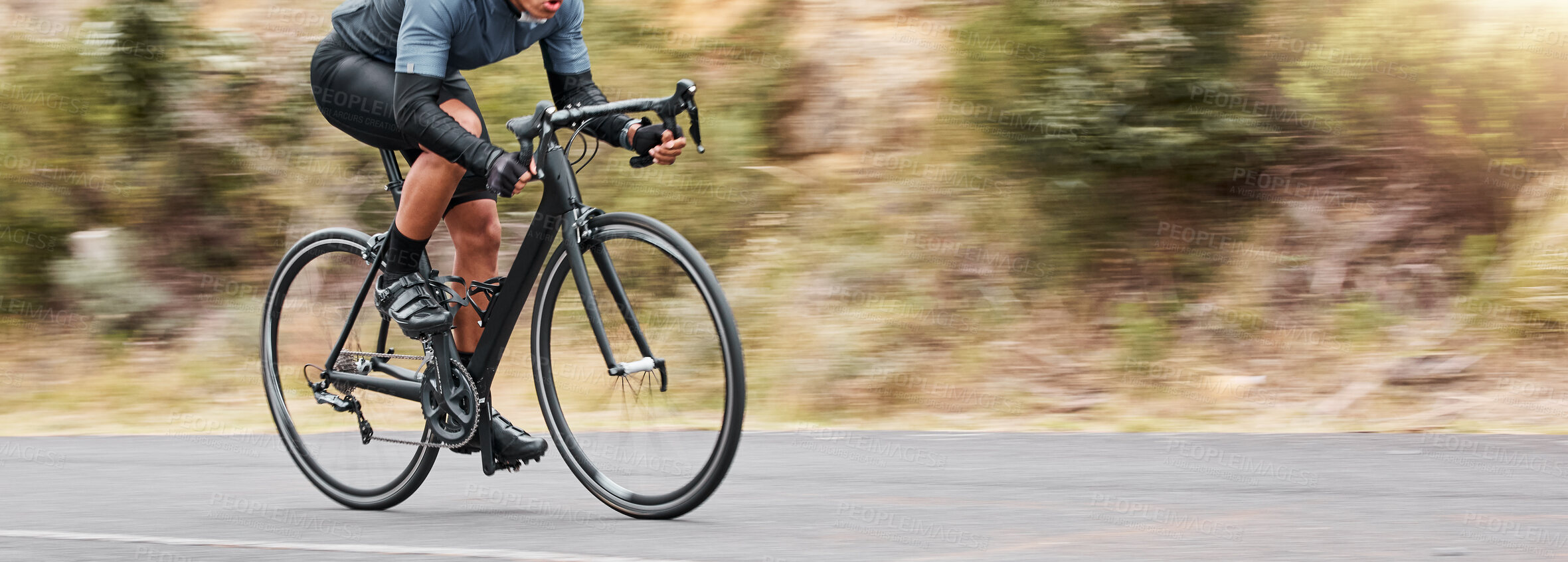 Buy stock photo Man, fitness and speed on bicycle on cycling for exercise, workout and practice in California. Male person, motion blur and outdoor in road for competition, race and marathon as cyclist for sports