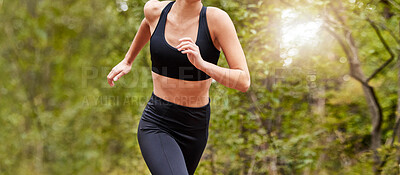 Buy stock photo Fitness, closeup and body of woman for cardio, exercise and running or outdoor marathon training. Girl, athlete and workout for health, wellness and forest trail for fresh air in green summer park