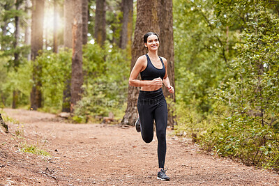 Buy stock photo Fitness, smile and portrait of happy woman for cardio, exercise and running or outdoor marathon training. Girl, athlete and workout for health, wellness and forest trail for fresh air in park