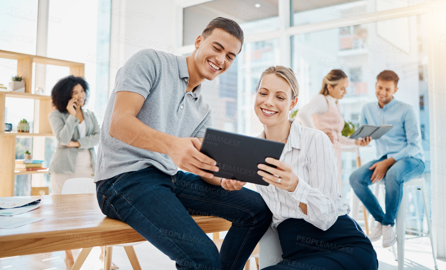 Buy stock photo Employees, digital tablet and meeting team together in casual corporate workforce office. Collaboration, diversity and friendly mentor in business company having conversation about strategy.