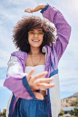 Buy stock photo Portrait, woman and fashion with sunglasses for attitude, confidence and designer clothing. Stylish, african girl and accessories with jacket for outfit, trendy urban and edgy gen z in California